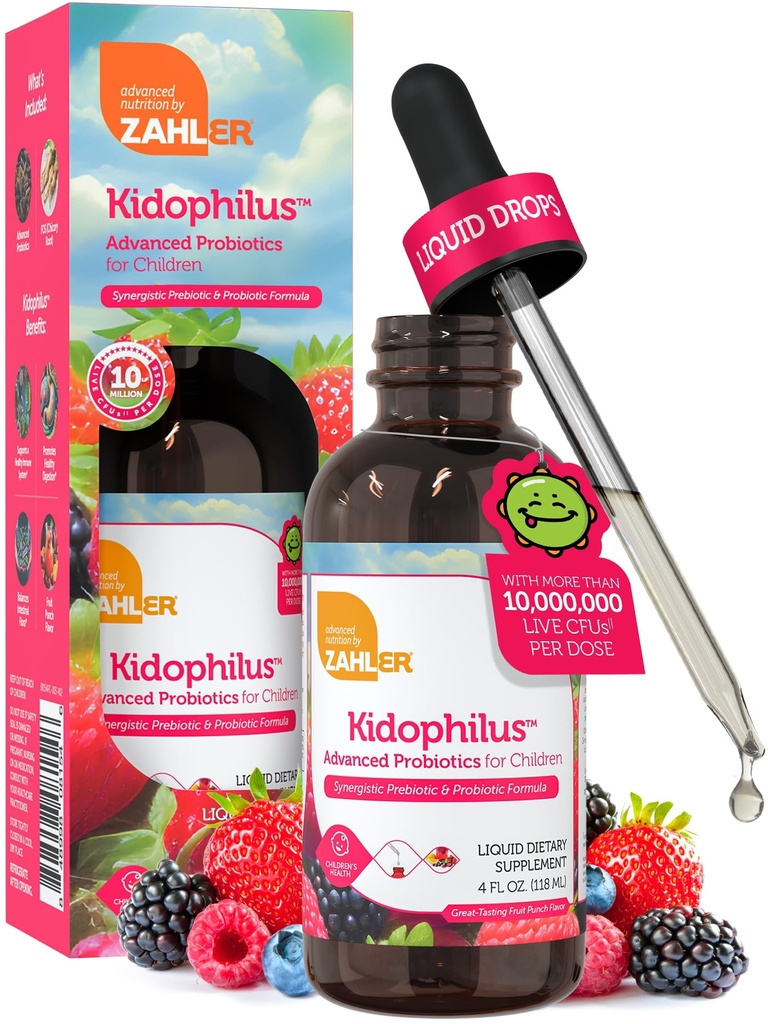 Zahler - Kidophilus flytende dråper Probiotika for barn (4 fl Oz) Certifisert Kosher Kids Probiotic for sunn digestion og immunstøtte - Fruit Punch Flavored Barneprobiotiske dråper Supplement
