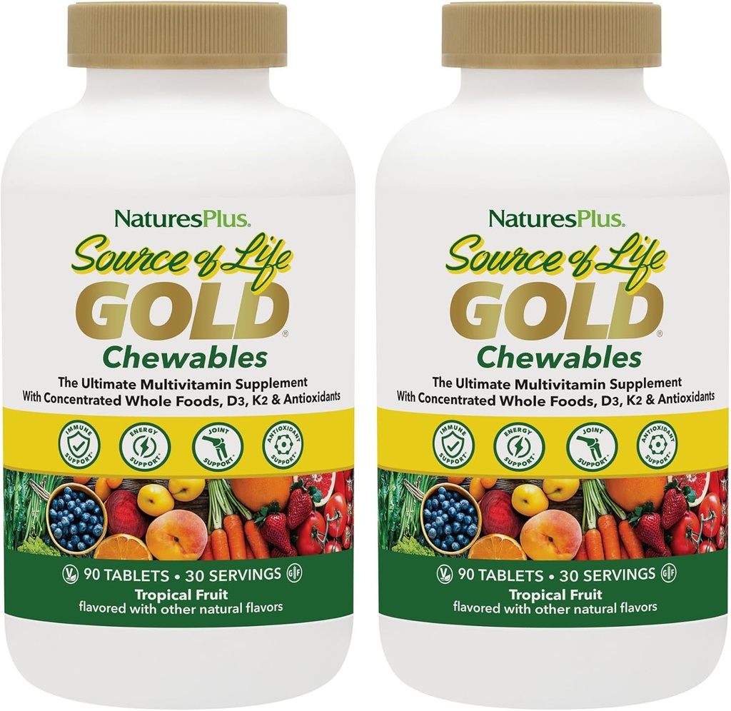 NaturesPlus Kilde til livsgull multivitamin - 90 Chewable tabletter, pakke med 2 - med vitaminer D3, B12, K2 og mer enn 120 hele matvarer - blod, bein og immunstøtte - Glutenfri - 60 Total Services