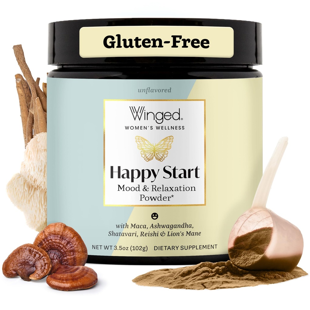 Winged wellness lykkelig start, Mood Boosting Drink Mix pulver for kvinner - Happy Mind & Hormonal Helse, Mood Support Supplement med rød Maca, Ashwagandha, Mushrooms & Mer - Sjokolade, 30 Services