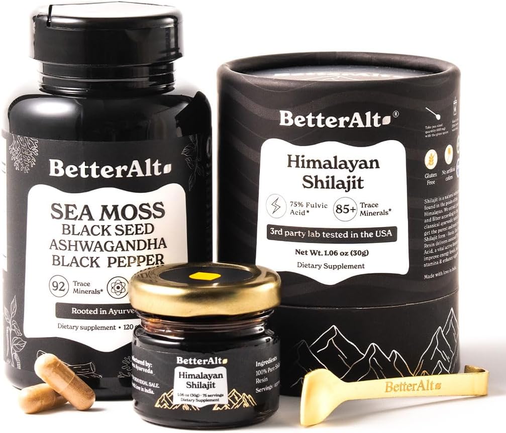 Bedre Alt Shilajit Resin 30 gm & sjø Moss Kapsler Energi Duo® Pure Himalayan Shilajit Gold Grade for menn og kvinner med høy styrke og irsk hav Moss med svart frøolje