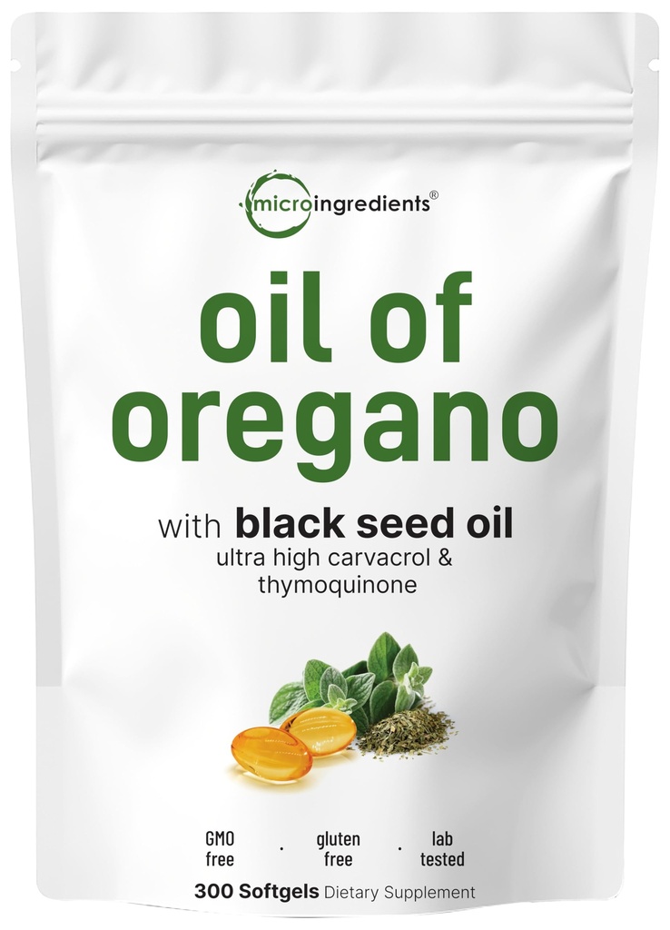 Mikroingredienser Olje av Oregano Softgels, 300 greve | 2 i 1 Formulert med svart frøolje, 4X Styrke Carvacrol & Thymoquinone | Plante Basert, Ikke-GMO, og immunstøtte