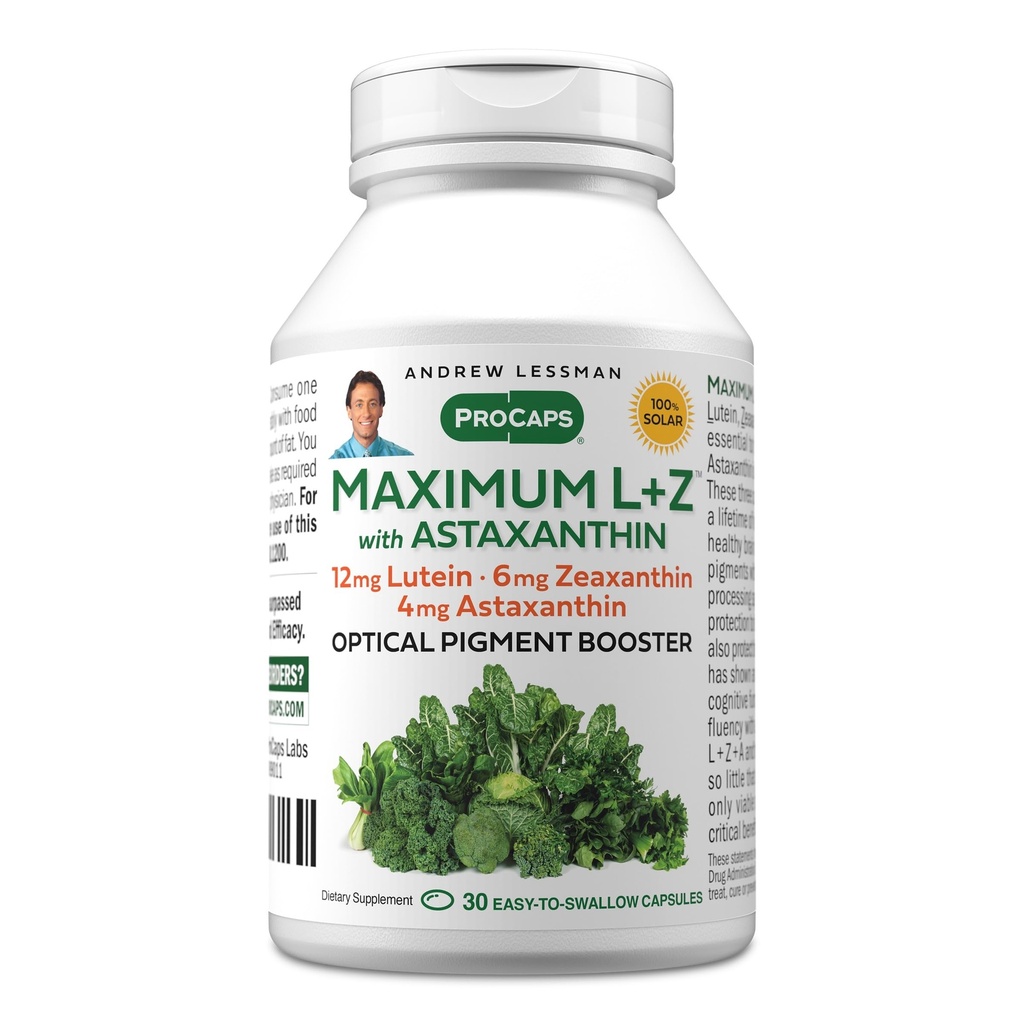 ANDREW LESSMAN Maksimal L+Z med Astaxanthin 30 Softgels - 12 mg Lutein, 6 mg Zeaxanthin, 4 mg Astaxanthin. Nøkkelnæringsstoffer for å støtte øye og hjerne helse, og fremme sunn visjon.