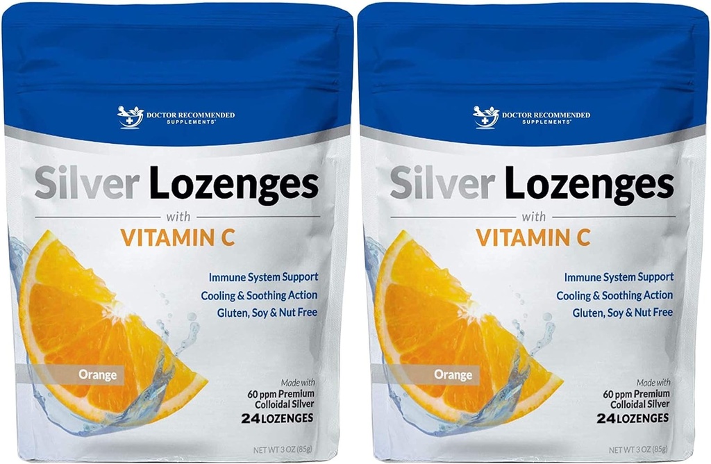 Sølv Lozenger med vitamin C - Premium Nano Silver 60 PPM Colloidal sølv, økologisk honning og vitamin C Mineral Supplement dråper for å støtte immunsystem, Soothe Cough & Throat - Pakke med 2