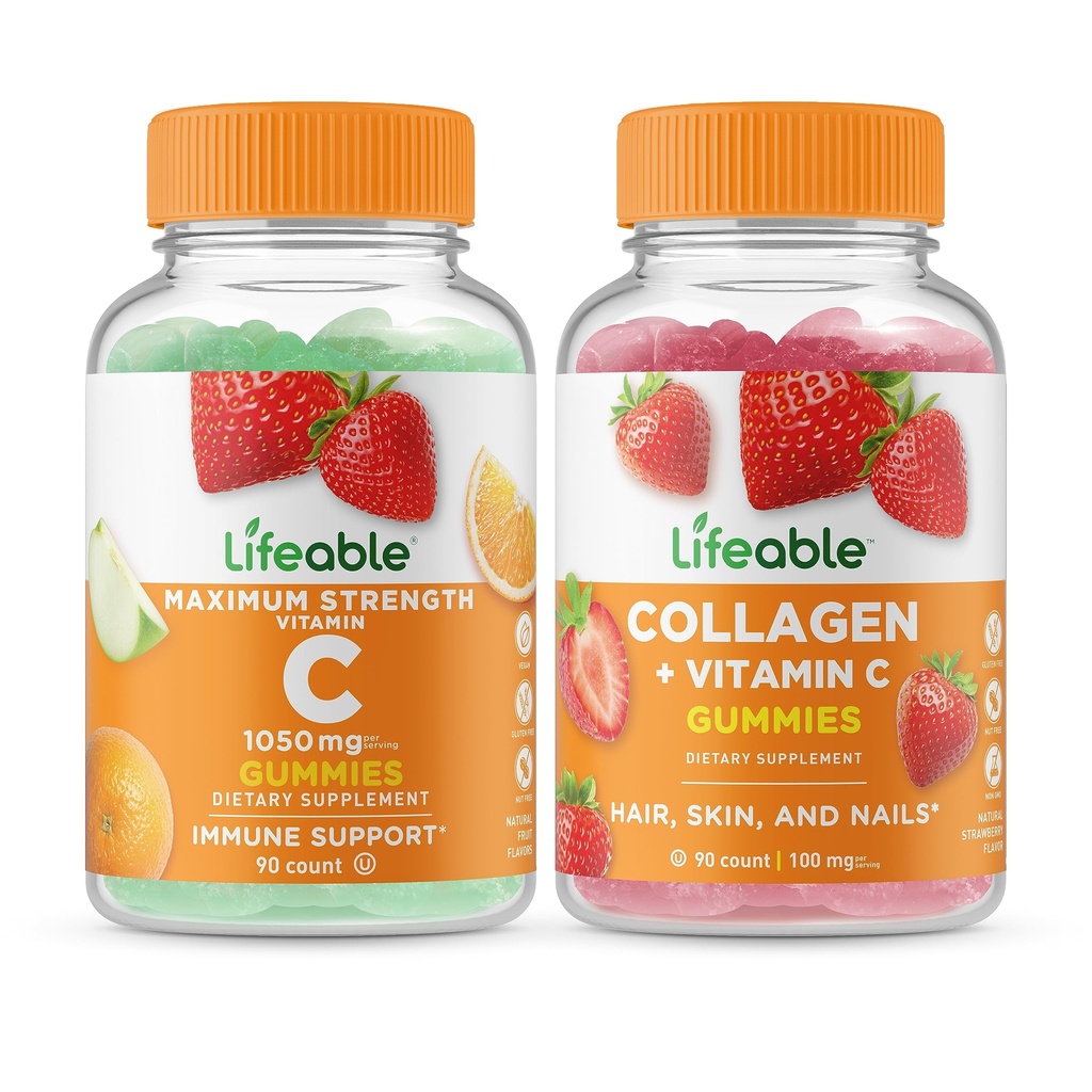 Livlig vitamin C 1050mg + kollagen & vitamin C, Gummies Bundle - Great Tasting, vitamin Supplement, Glutenfri, GMO Gratis, Chewable Gummy