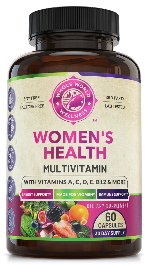 Kvinners Daily Multivitamin Multimineral Supplement for energi, humør, fokus, hår, hud og negler. Laget for kvinner med 30+ næringsstoffer, frukt og energi blanding. Kvinner vitaminer 60 kapsler. Laget i USA.