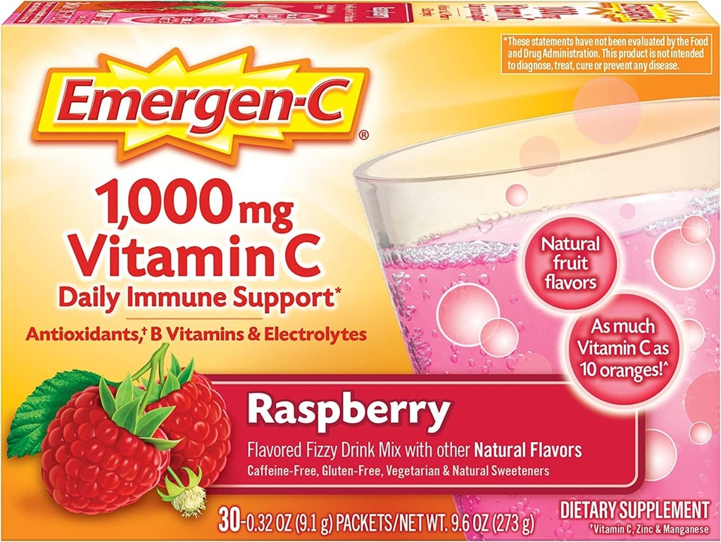Alacer Emergen-C Vitamin C Fizzy Drink Bland bringebær - 1000 Mg - 30 Pakker
