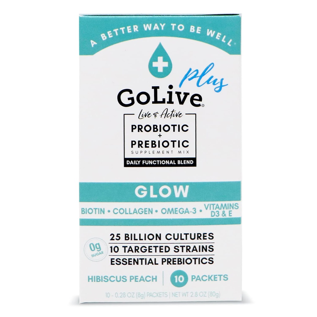 GoLive Probiotika og prebiotika for kvinner og menn Glow for skjønnhet, sukkerfri synbiotiske pulver. +25 Blion CFUs; 10 kliniske strainer for sunn, immun og digestiv helse, 10 greve (Pack of 1)