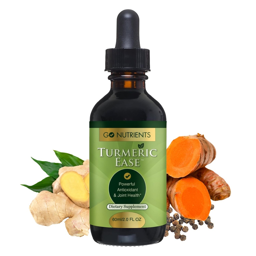 Go Nutrients Turmeric Ease - Økologisk Turmeric Supplement med Curcumin, Ginger & Black Pepper - Flytende dråper Ekstrakt Tinktur for rask absorpsjon - støtter felles helse og immunforsvar – 2oz