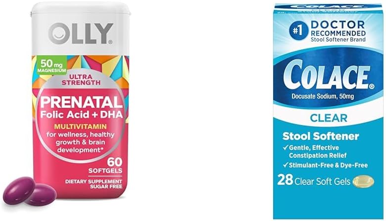 OLLY Ultra Styrke Prenatal Multivitamin Softgels med Brain Development Support + Colace Clear Stool Softener Capsules, 28 Count
