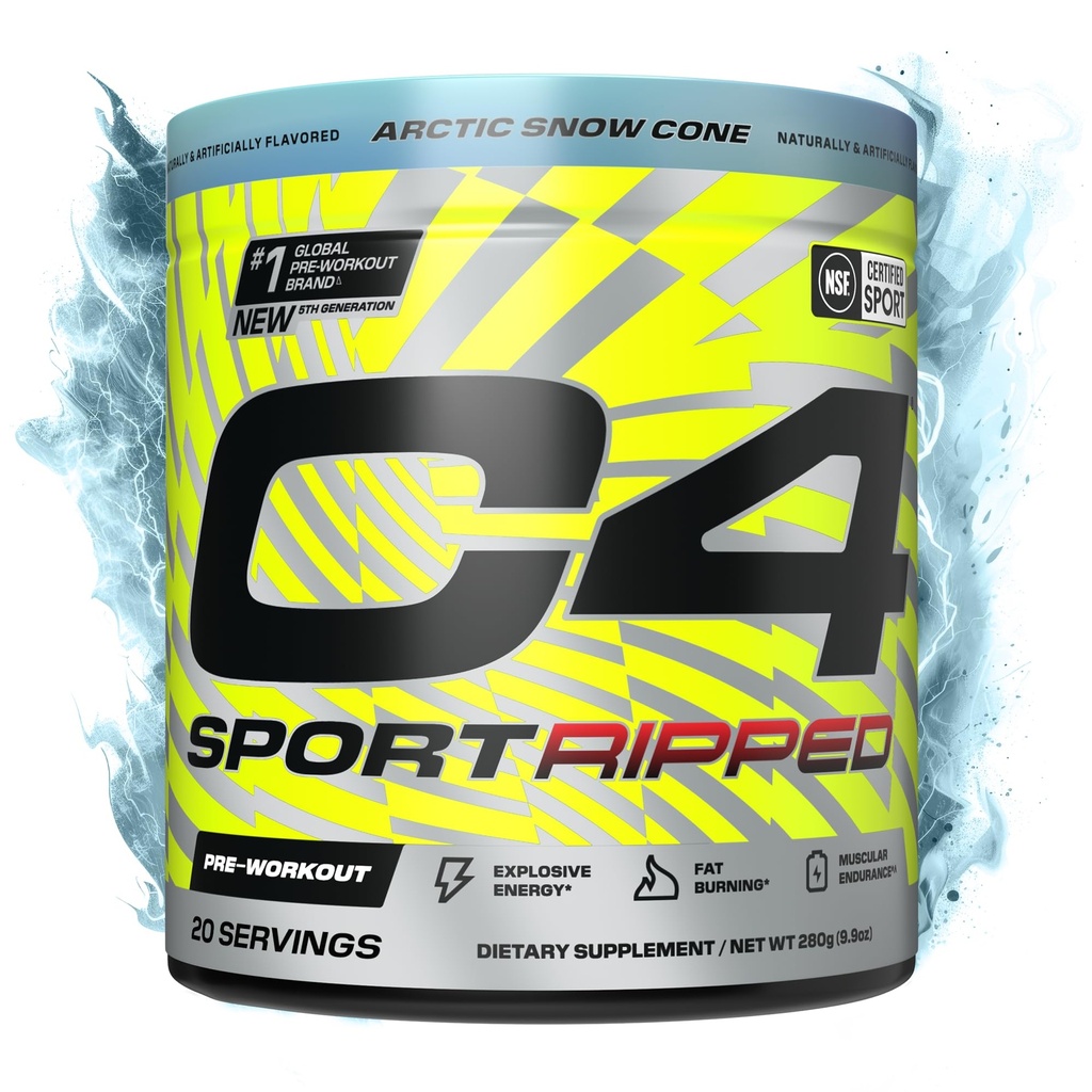 Cellucor C4 Ripped Sport Pre Trening pulver - NSF Certified for Sport - 200mg Koffein + Cayenne Extract + Carnitine Tartrat + Beta-Alanin - Artic Snow Cone, 20 Services