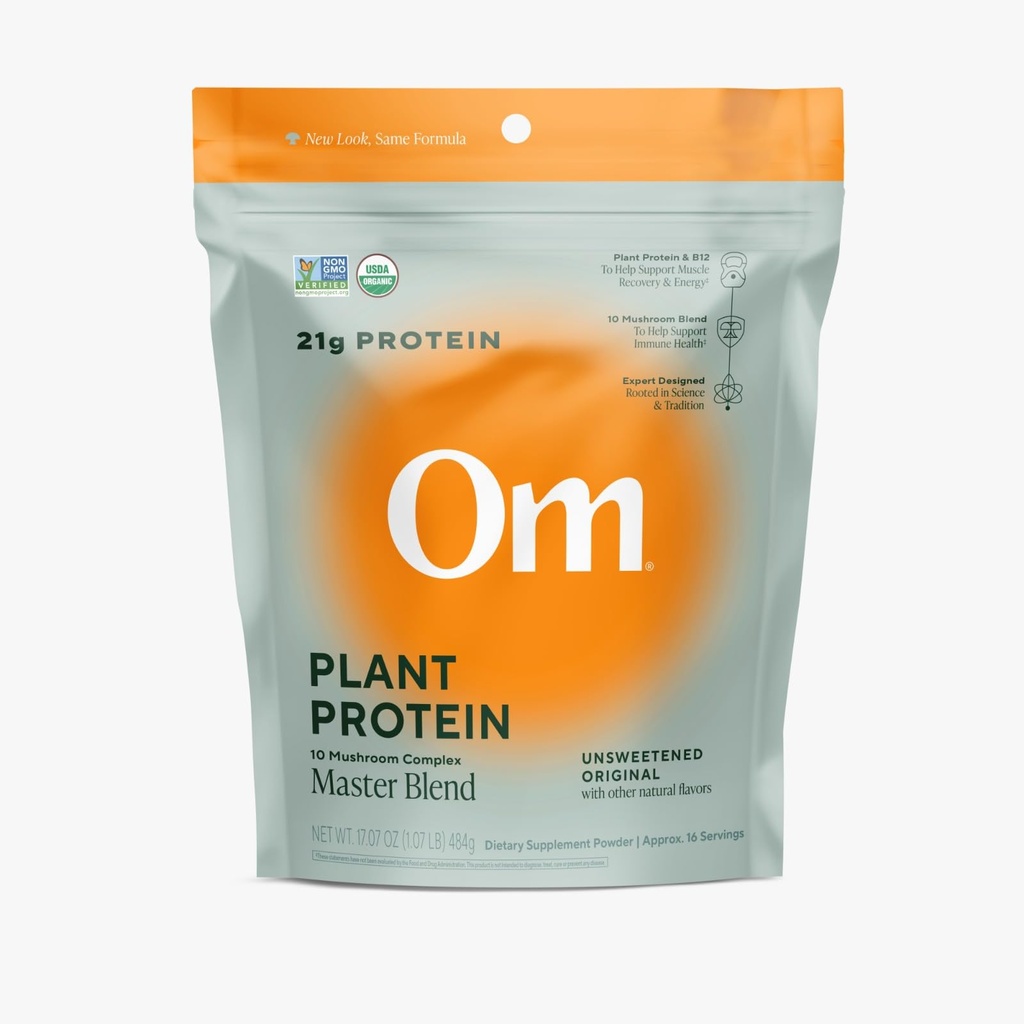 OM MUSHROOM SUPERFOOD Master Blande Plantebasert Protein pulver (forseglbar pose (16 Serveringer), Unflavored Protein)