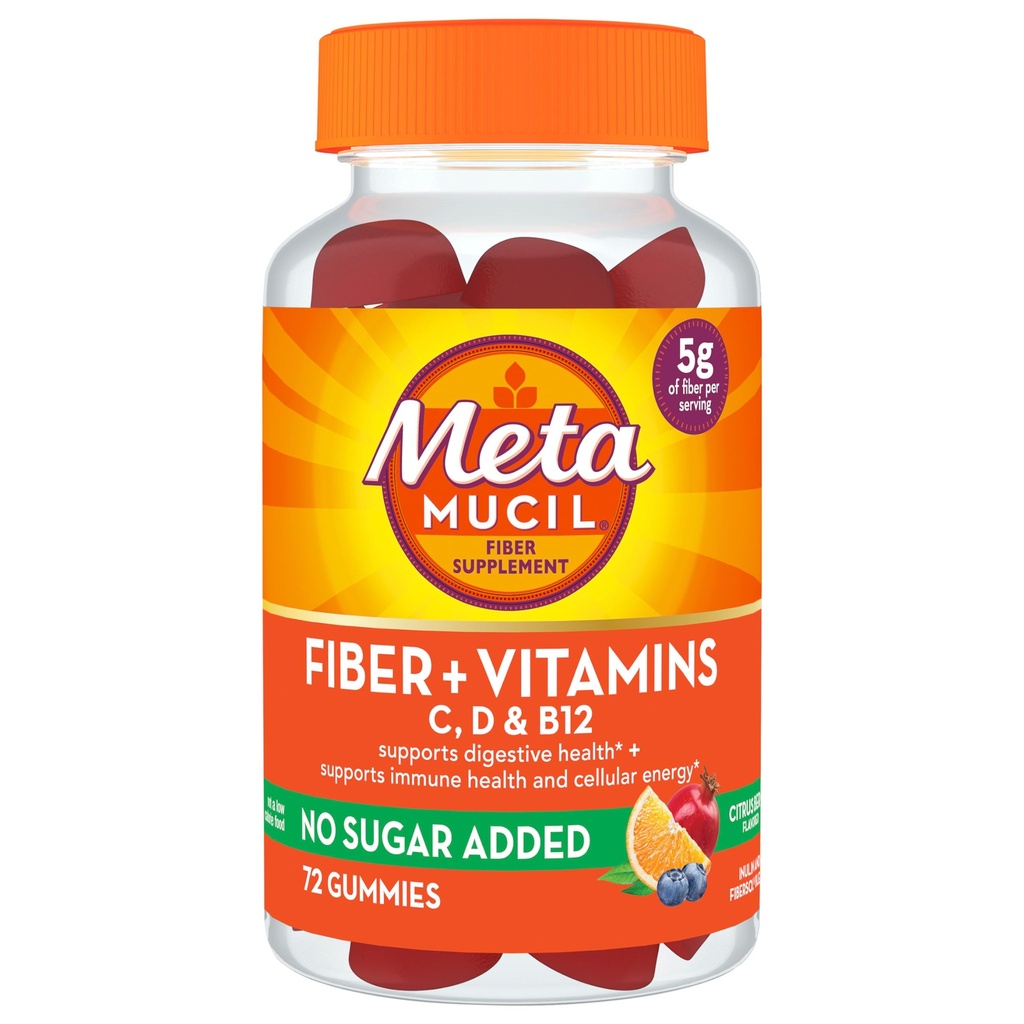 Metamucil Fiber Supplement 72 Gummies, Fiber + Vitaminer C,D & B12 ingen Sukker lagt til, Støtte Digestiv healt + Støtte Immun Helse, Citrus Berry Flavor.