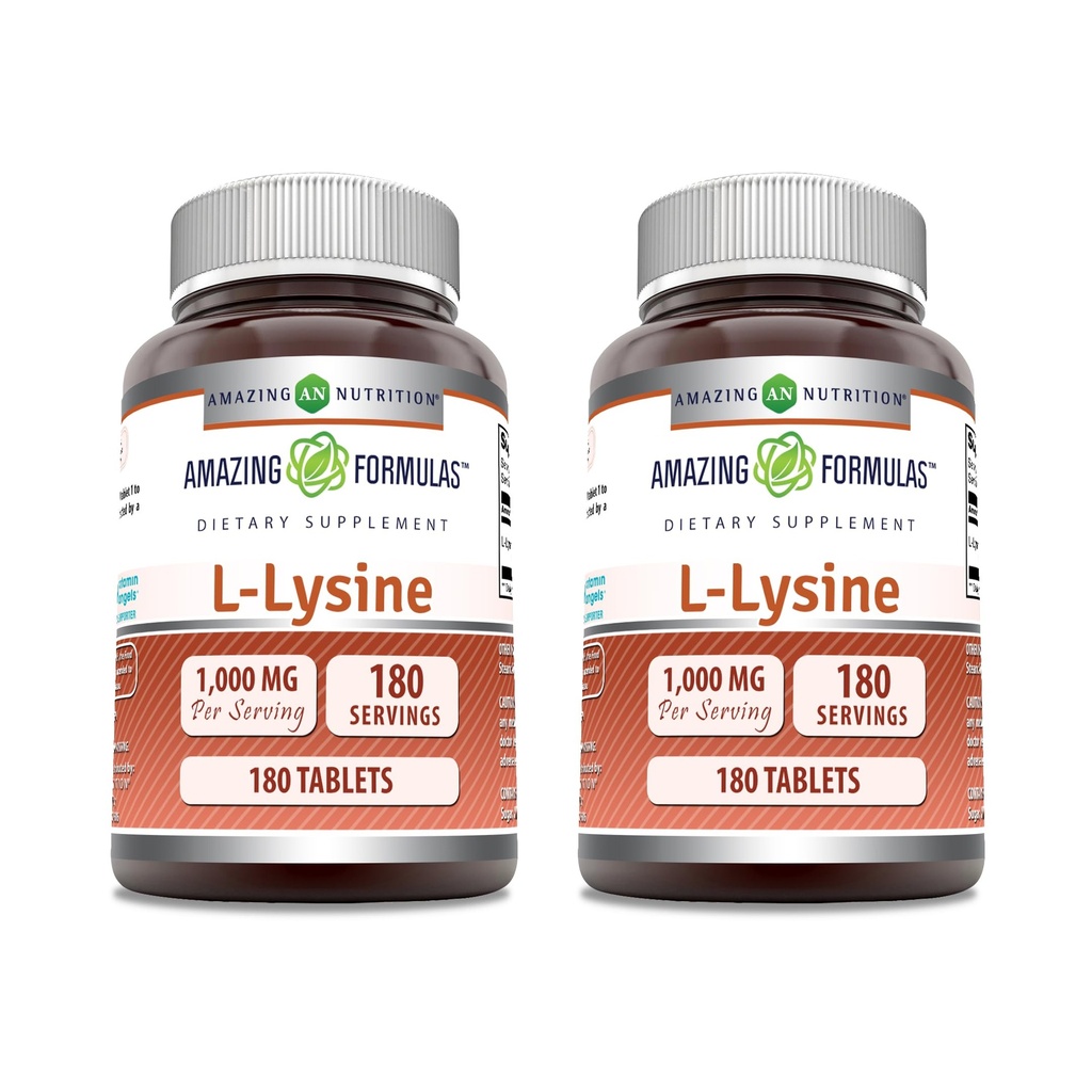 Amazing Formler L-Lysine 1000 mg Amino syre tabletter Supplement | Ikke-GMO | Glutenfri | laget i USA (180 | 2 pakke)