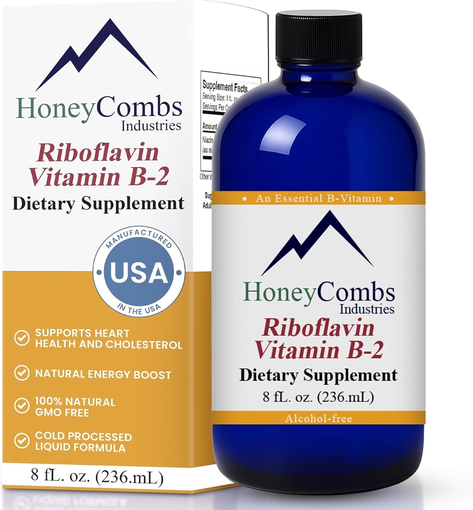HoneyCombs vitamin B2 Riboflavin Supplement flytende dråper - høy potens Vitamin B2 for menn og kvinner - opprettholde sunn dialyse, nervesystem, hår, hud, negler - Vegan flytende vitaminer (8 fl oz)