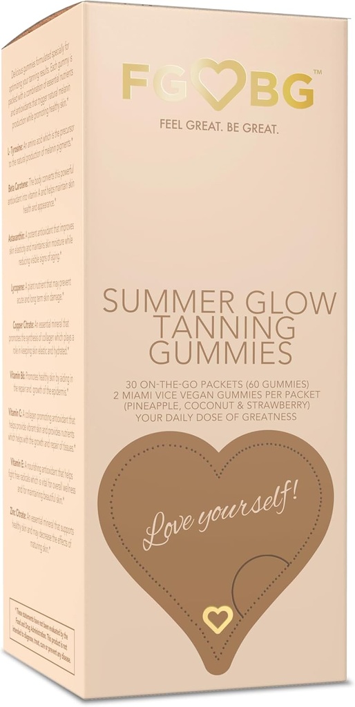Sommer Glow Tanning Gummies - Miami Vice Flavor - Pineapple, Coconut, & Strawberry - Vegan - Glutenfri - Smakfri - Naturlige ingredienser - essensielle næringsstoffer - Reisestørrelse - 30-dagers Supply