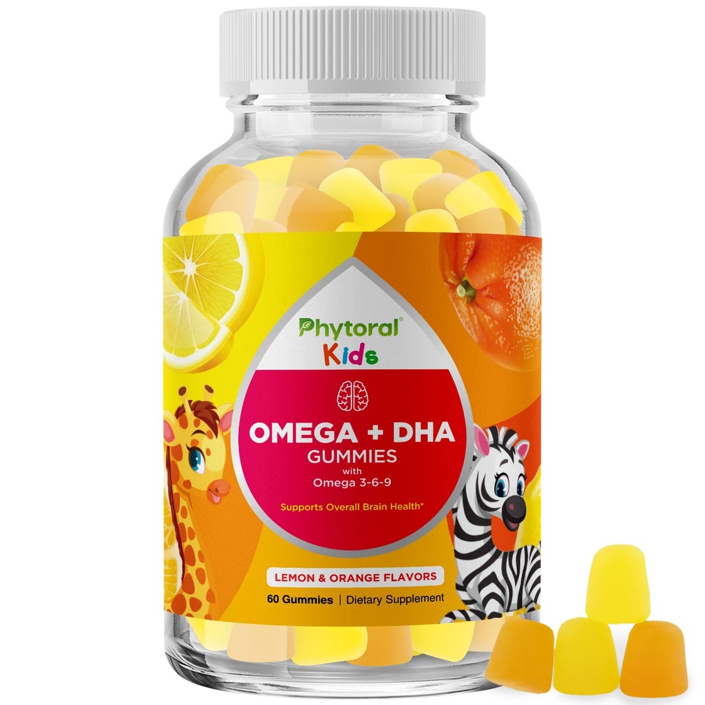 Barn Omega og DHA Gummies - Fatty Acids Omega 3 6 9 med vitamin C for visjon - ernæringsmessig DHA for barn for sunne nervesystem og fokus støtte - fisk gratis - 60 greve