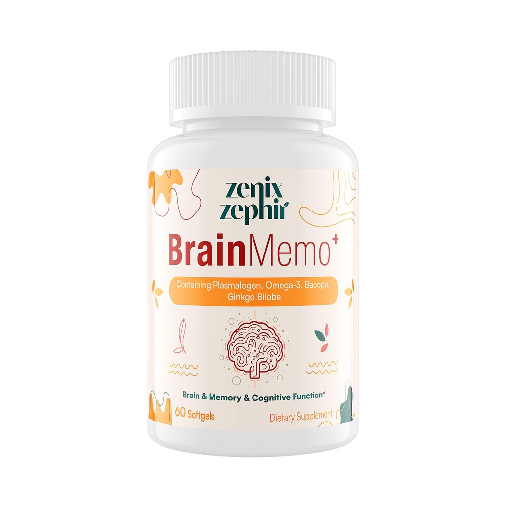 Minne Focus Supplement - Brain Support med Omega-3, Bacopa og Plasmalogens for forbedret kognitiv funksjon - Konsentrasjon og minne - Ikke-GMO, 60 Softgels