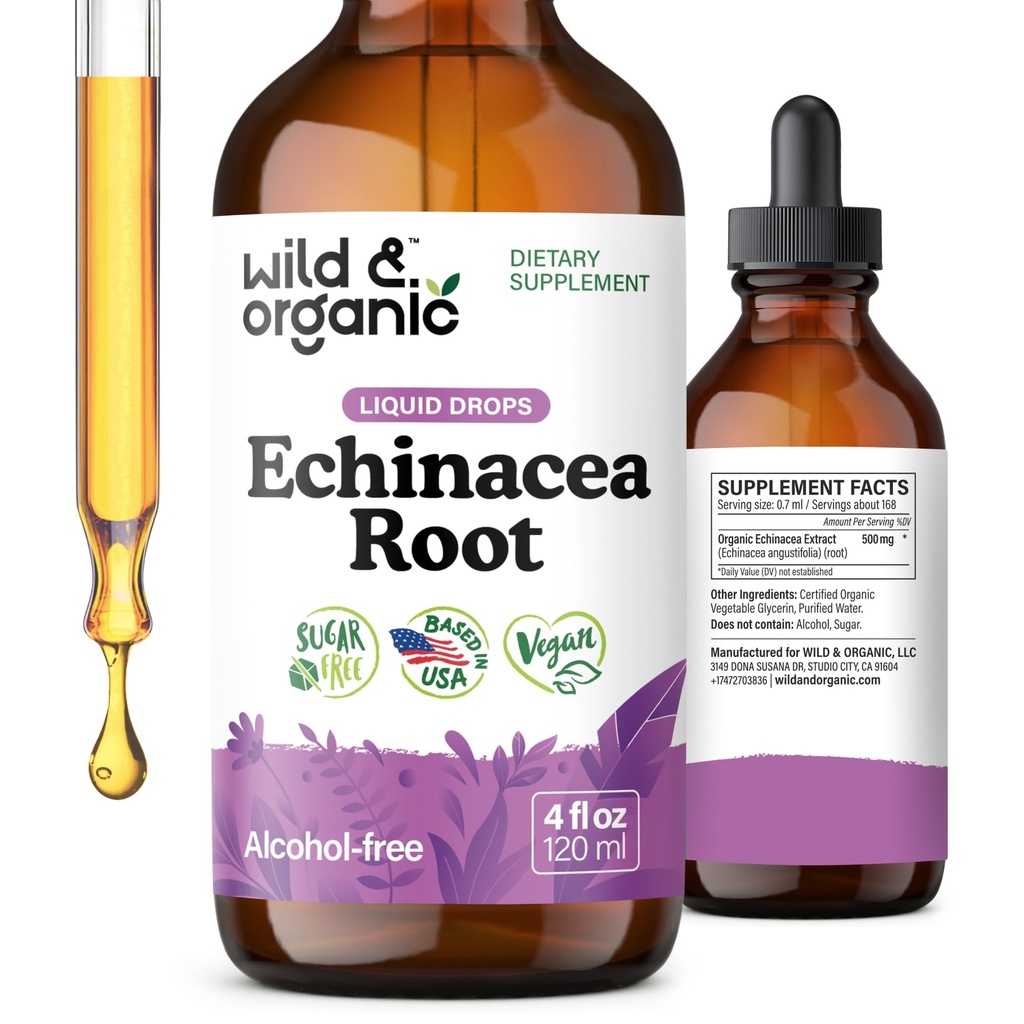 Wild & Organic Echinacea Drops - immunstøtte Supplement med Echinacea Angustifolia - Flytende Root Extract Tinktur - Vegan, Sukker og alkohol-fri - 4 fl oz