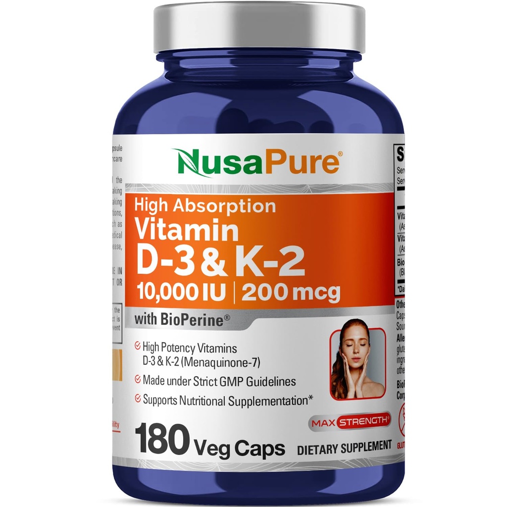NusaPure vitamin K2 (MK7) (200mcg) + vitamin D3 (10000 IE) 180 Veg Caps - Bioperin, Sojafri, Ikke-GMO