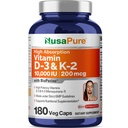 NusaPure vitamin K2 (MK7) (200mcg) + vitamin D3 (10000 IE) 180 Veg Caps - Bioperin, Sojafri, Ikke-GMO