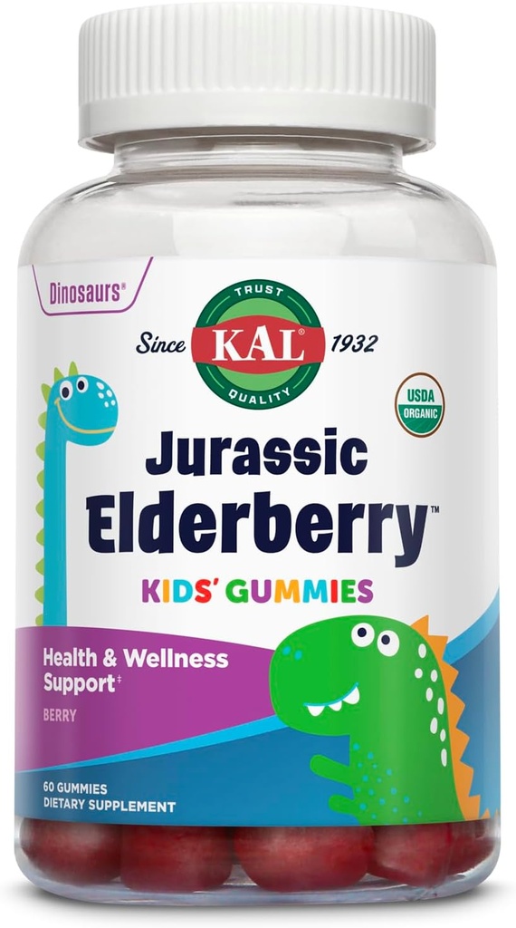 KAL Jurassic Elderberry Kids Gummies  Healthy Sunn Immune Support | USDA Organic, Vegansk, Glutenfri | 30 Serv, 60 Ct