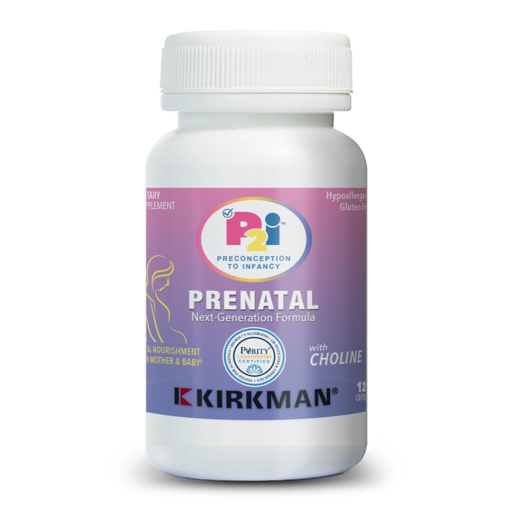 Kirkman P2i Prenatal vitaminer for kvinner, Multivitamin med Choline, 120 kapsler, Vital daglig ernæringsstøtte for sunn mor og baby, OBGYN formelt og godkjent, Hypoallergenic & Glutenfri