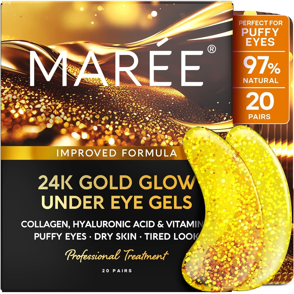MAREE 24k Gold Under Øye Gells For Mørke Sirkler og Puffiness - Kollagen & Hyaluronsyre Skincare Gel Pads - Gull Øyelapper for Puffy Øye og Mørke Sirkler - Under Øyemasker - Reise Essentials