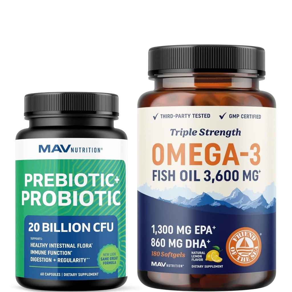 Omega 3 Fiskeolje og probiotiske kapsler | Triple Styrke EPA & DHA Omega 3 Burpless Softgels Plus Probiotiske og prebiotiske kapsler for Gut Helse og immunstøtte | 60 Serverer hver