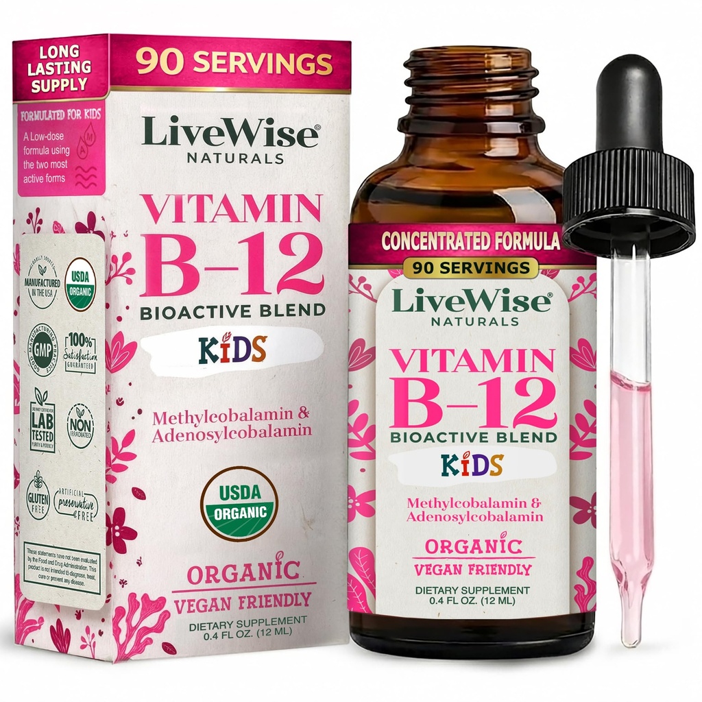 LiveWise Naturals Vitamin B12 flytende dråper for barn | Todlere og barn I Metylcobalamin og Adenosylcobalamin | USDA organisk I Vegan | Ikke-GMO | Glutenfri | Lav Dose