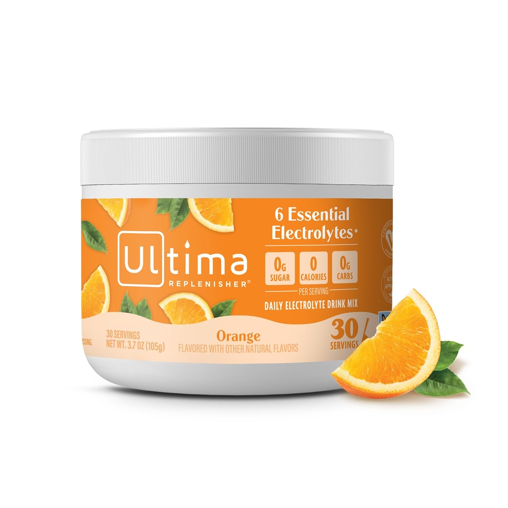 Ultima Replenisher Daglig Electrolyte Powder Drink Blande – Sukkerfri – Oransje, 30 Serveringer – Hydration pulver med 6 Nøkkelelektrolyter og spor Mineraler – Keto Vennlig, Vegansk, Ikke-GMO
