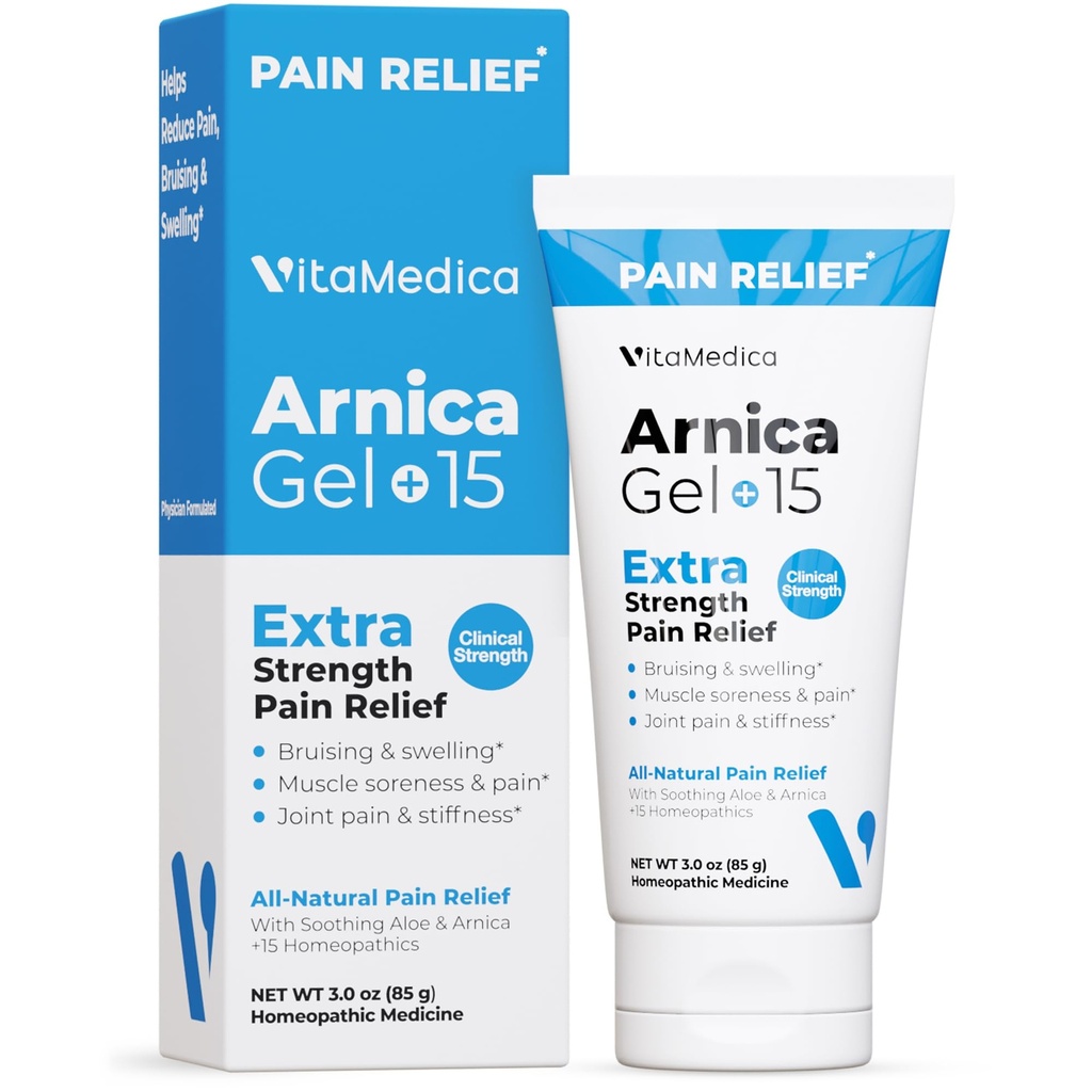 VitaMedica Arnica Gel Plus 15 Helbredende Planteforbindelser, Ekstra styrkeformulering for bruk, hevelse, leddsmerter, muskelsorg og stivhet, all-naturlig, plantebasert smertelindring