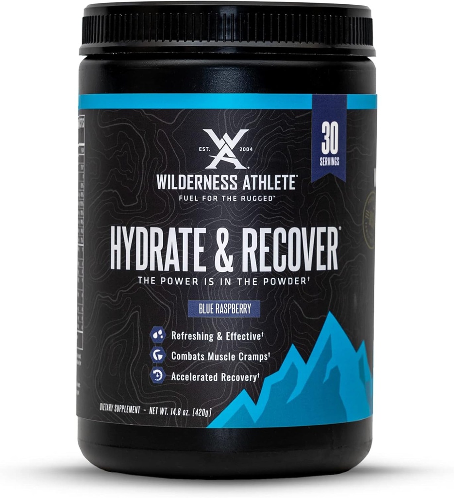 Wilderness Athlete - Hydrate & Recover | Flytende Hydration Powder Electrolyte Drink Mix - gjenopprett raskere med Bcaas - Hydrate pulver med 1000 mg vitamin C - 30 servering tub (blå bringebær)