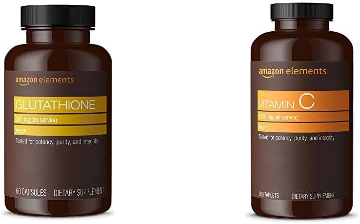 Elementer Glutathione, 500 mg, 60 kapsler, 2 måneders forsyning og vitamin C 1000mg, Vegan, 300 tabletter, 10 måneders forsyning