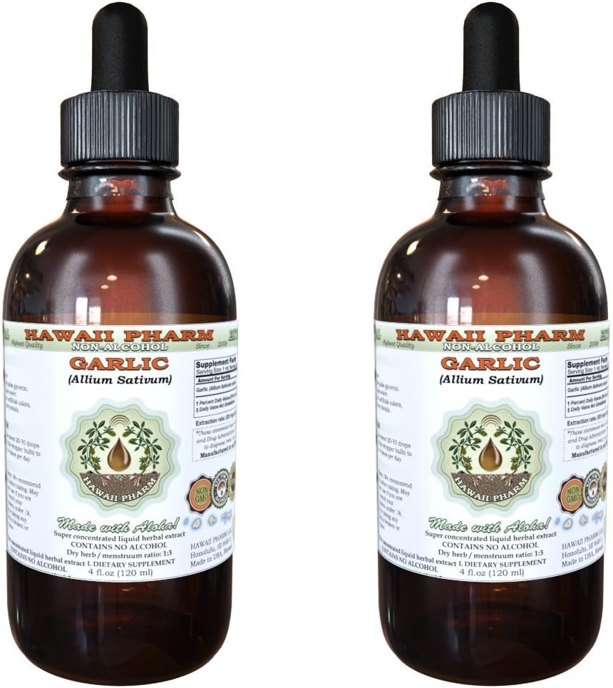 Hvitløk alkoholfri flytende ekstrakt, organisk hvitløk (Allium sativum) tørket pulver glyceritt Hawaii Pharm Naturlig Herbal Supplement 2x2 oz