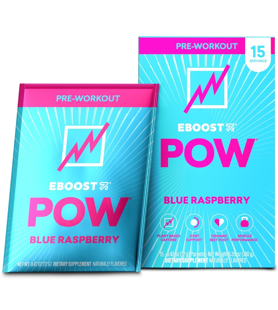 EBOOST POW naturlig pre trening pulver - 15 pakker, blå bringebær - preworkout energi Booster Gym Supplement Drink Blande for menn og kvinner - ytelse, felles mobilitet støtte - Glutenfri
