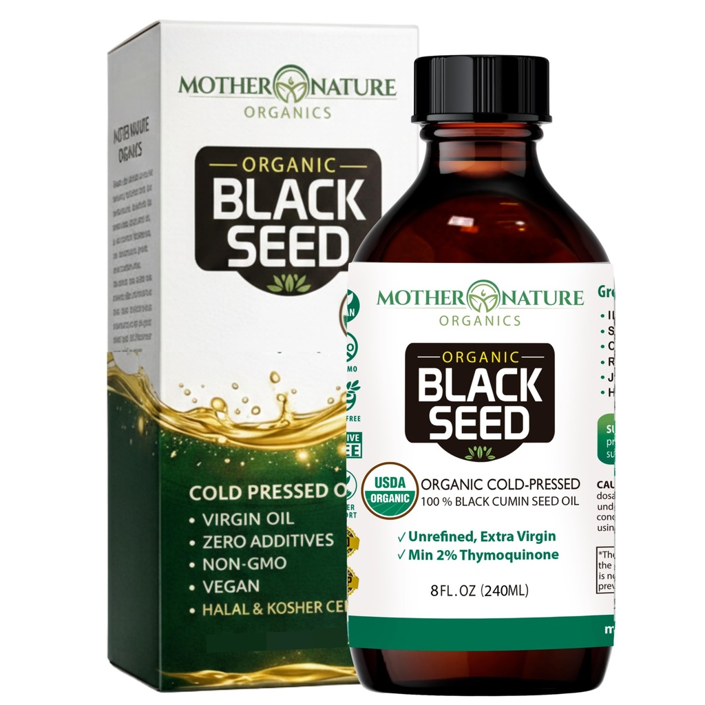 Mor natur USDA organisk svart frøolje, høy TQ 2%, kald presset, ubegrenset Nigella Sativa, Omega 3 6 9 for immun, felles og hjerte støtte, hår og hud, ikke-GMO, glassflaske (8oz)