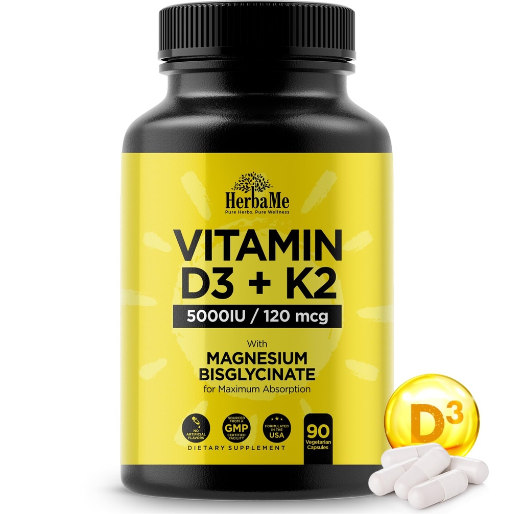Vitamin D3 5000 IU + K2 med magnesiumbisglycinat for max absorpsjon ® 90 kapsler immunstøtte ® fremmer hjerte, bein og muskel helse
