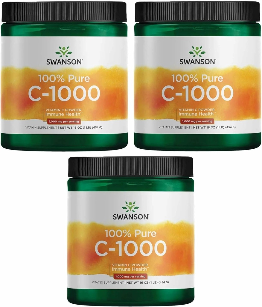 Swanson vitamin C pulver 100% ren askorbinsyre, immunsystem støtte, hud helse, kardiovaskulær helse, antioksidant Supplement 1000 mg (per servering) 1 lb. 454 g (3 pakke)