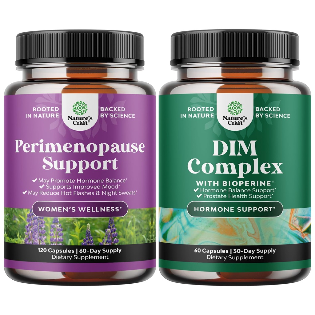 Bundle av komplett Perimenopause Supplement for kvinner med Maca Root Vitex Berry & Black Cohosh og ren DIM Supplement med Bioperine - Dindolylmetan Testosteron Kompleks med Broccoli Blomsteret