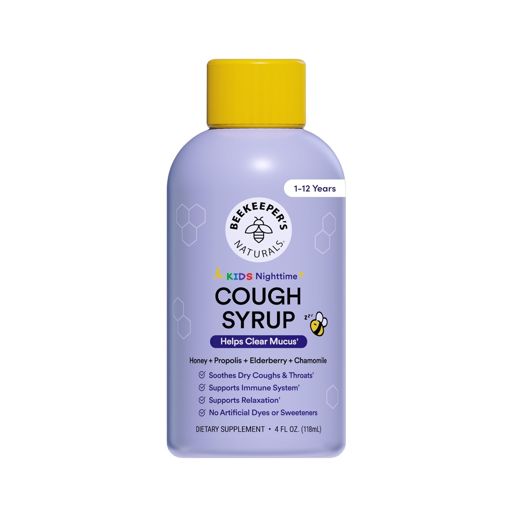 Beekeeper's Naturals Propolis Honning Cough Syrup Nighttime for Kids Immune Support med Propolis, Elderberry & Raw Honey - søvnstøtte med kamille & L-Theanine - Glutenfri, 4 oz.