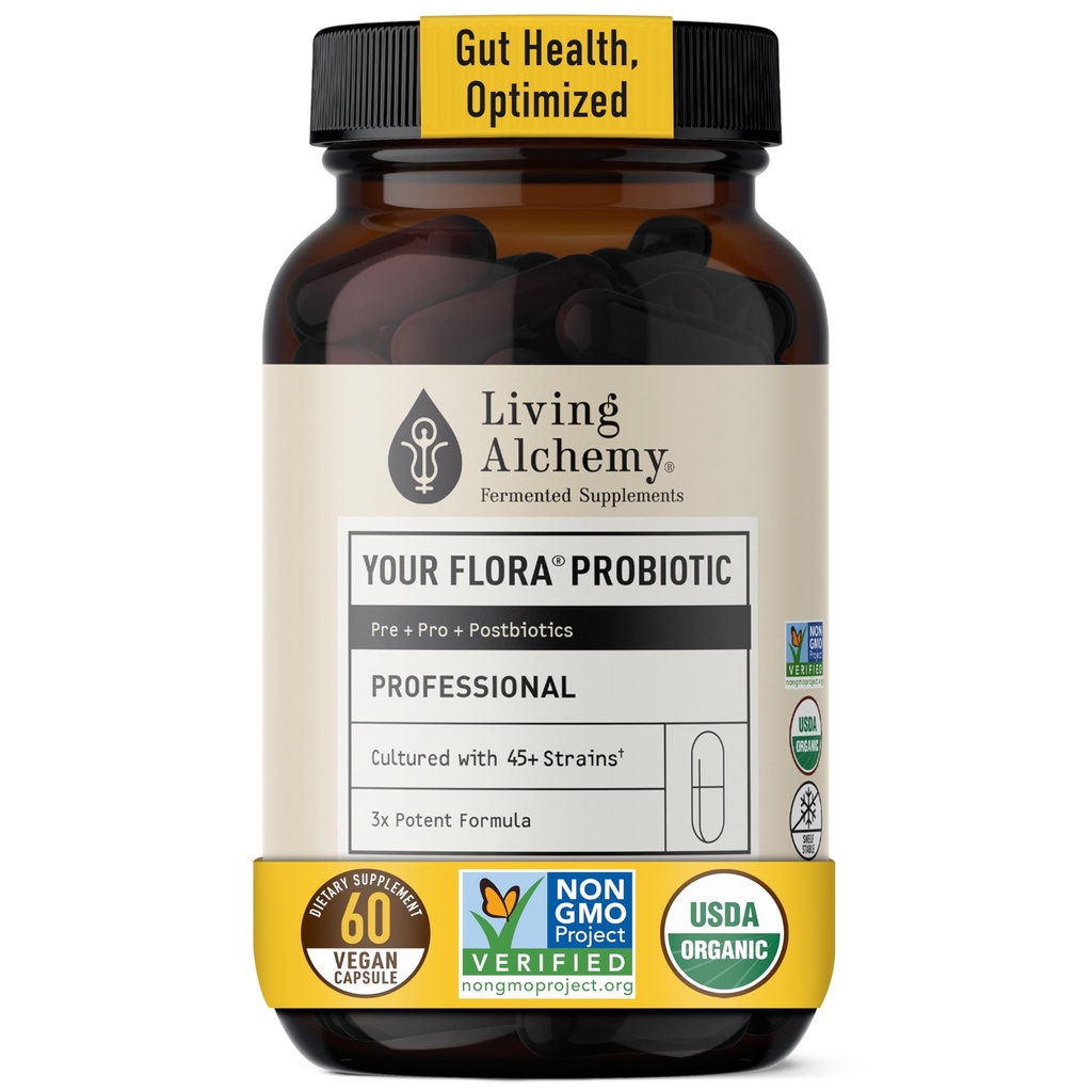 Living Alchemy Gut Helse kosttilskudd for menn og kvinner - Flora Probiotic Professional Digestion Supplement med Fermented Soybean, Prebiotika, Digestive Enzyme - Vegan, Non-GMO, 60 stk