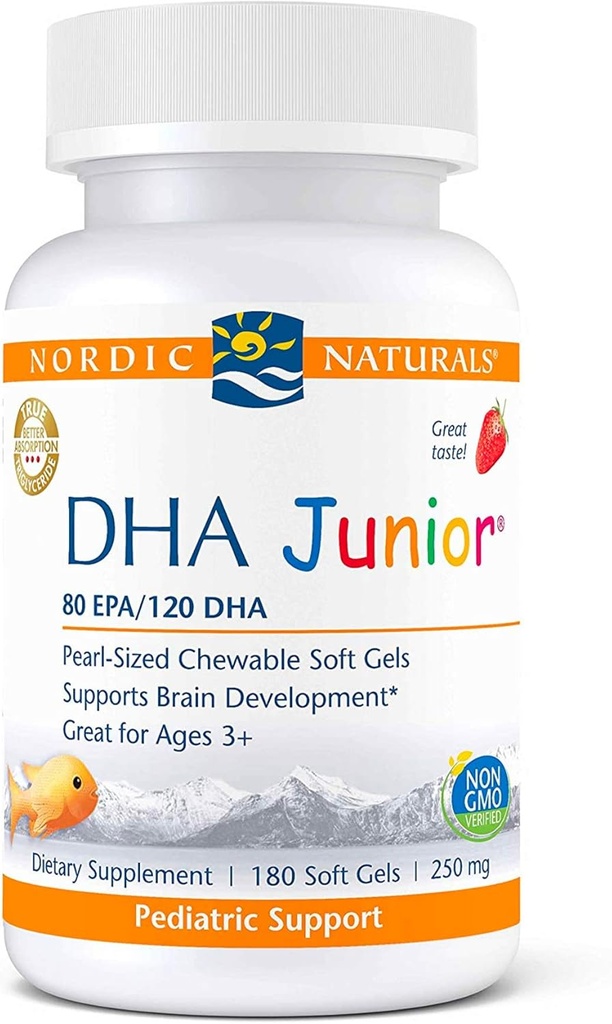 Nordic Naturals Pro DHA Junior, Jordbær - 180 Mini Chewable Soft Gels - 250 mg Total Omega-3s med EPA & DHA - Brain Development & Visual Funktion - Non-GMO - 45 Serveringer