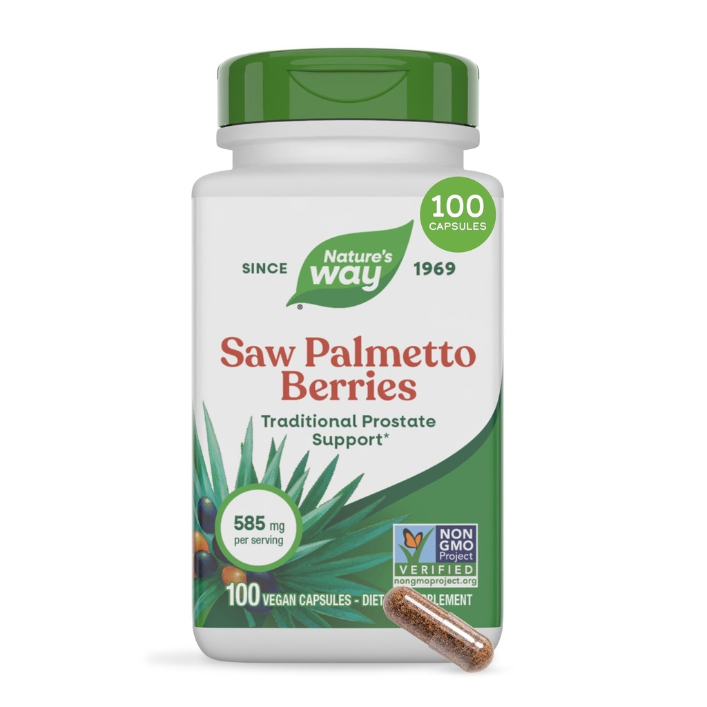 Naturens vei så Palmetto Berries, tradisjonell prostata støtte*, 585 mg per porsjon, ikke-GMO prosjekt verifisert, vegansk, 100 kapsler (pakke May Vary)