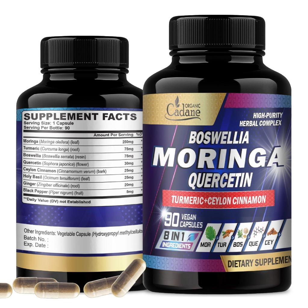 Organic Cadane Moringa Leaf med gurkemeie, Boswellia, Quercetin, Ceylon Cinnamon, Holy Basil, Ginger og svart pepper - 8in1 kosttilskudd - 90 Veggie Capsules for 3-måneders forsyning