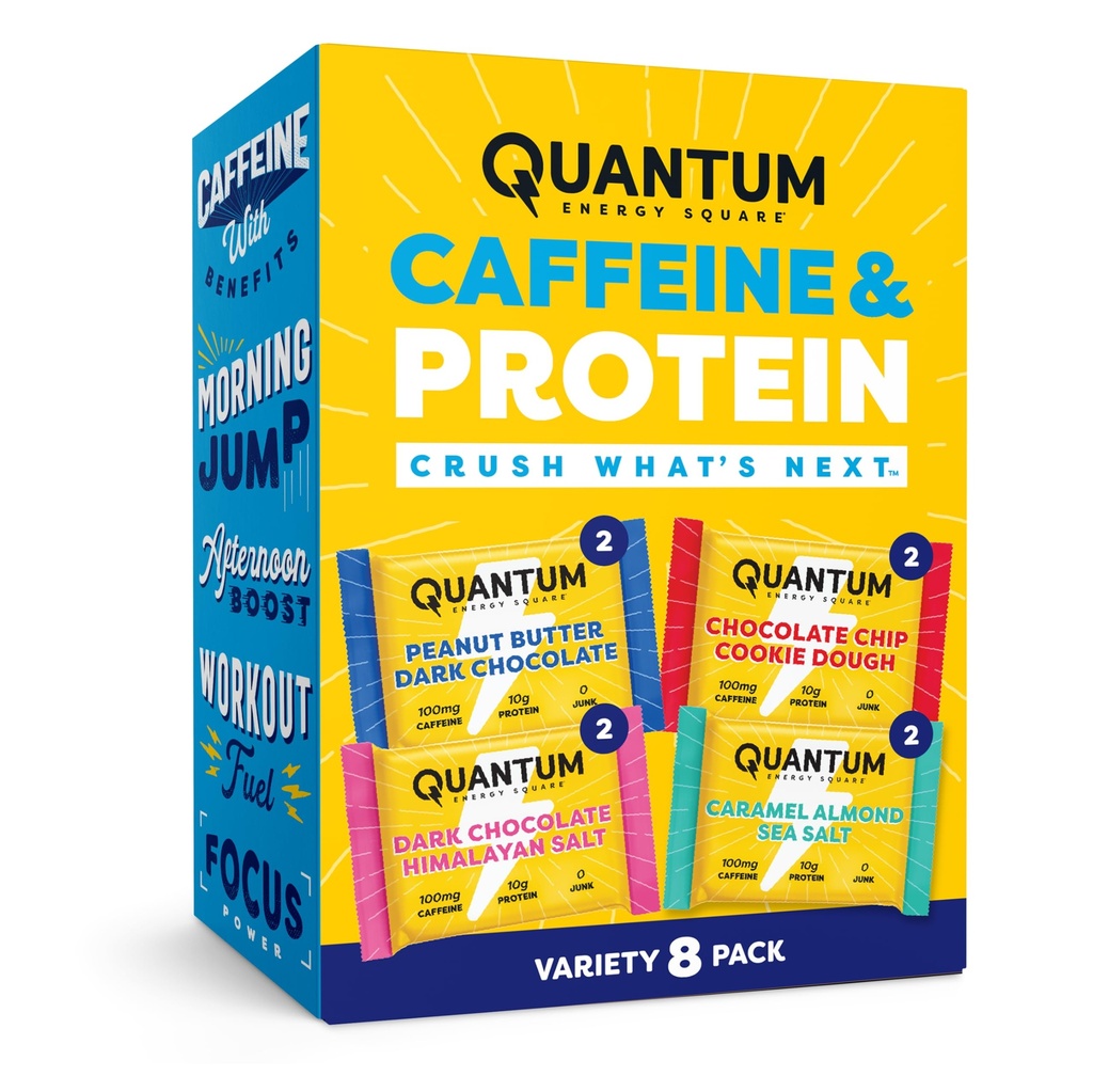Quantum Energy Square: Energi Bar med koffein og 10g protein. Delikat Sunn Snack On The Go. (Vegan, Glutenfri, Soyafri, Dairy-free) (Variety 8-Pack)