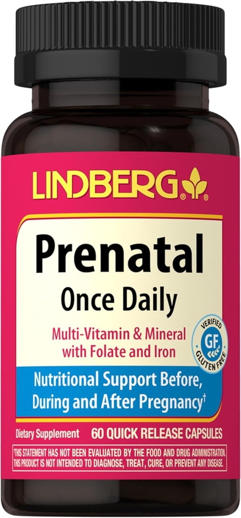 Lindberg Prenatal vitaminer for kvinner | 60 kapsler | Multivitaminer og mineraler med jern og folsyre | daglig Supplement | Ikke-GMO, Glutenfri