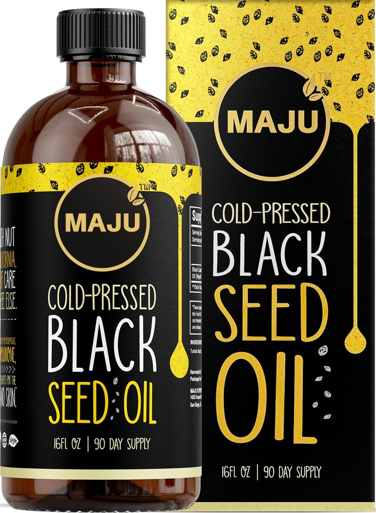 MAJU's Black Seed Oil 16oz: 3X Thymoquinon, kaldt presset, 100% tyrkisk svart cumin Nigella Sativa frøolje (bedre enn organisk), ikke-GMO, 100% flytende ren svartfrøolje, glassflaske
