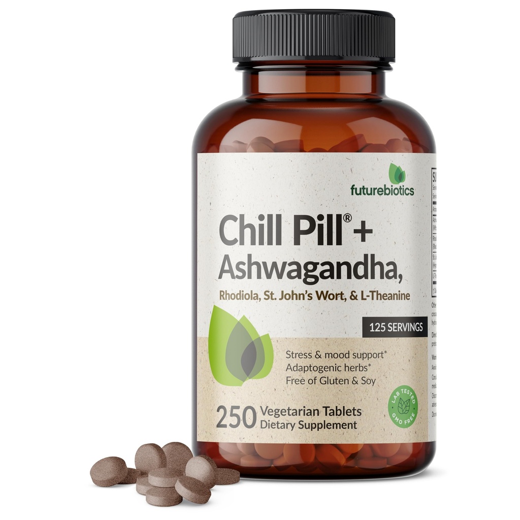 Futurebiotika Chill Pill + Ashwagandha, Rhodiola, St. John's Wort, & L-Theanine - Ikke-GMO, 250 vegetariske tabletter