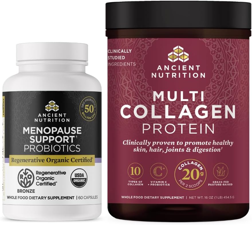 Gamle ernæringsregenerative organiske sertifiserte probiotika for Menopause, 60 greve + Multi collagen Protein Powder Unflavored, 45 Serveringer