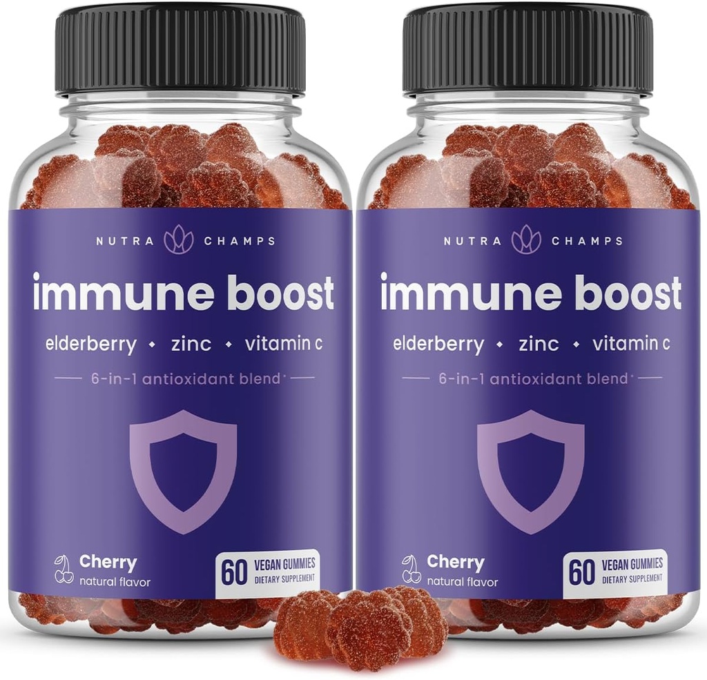 Immunstøtte Gummier | Kraftig blanding av eldrebær, vitamin C, sink, Echinacea, Astragalus Root & Ginger | Immunforsterkere for voksne og barn Supplement | Vegan & ikke-GMO | Cherry | 60 Ct (2 pakke)